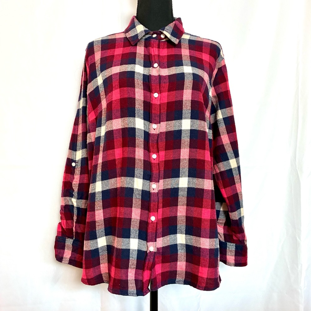 Merona 100% Cotton Flannel Shirt Red Plaid Button Front Roll Tab Sleeve Women L